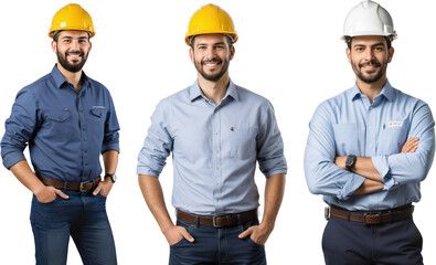 photo of an engineer with white and yellow safety helmet, Worker in uniform isolated on transparent background
