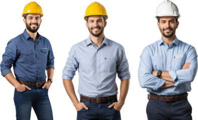 photo of an engineer with white and yellow safety helmet, Worker in uniform isolated on transparent background