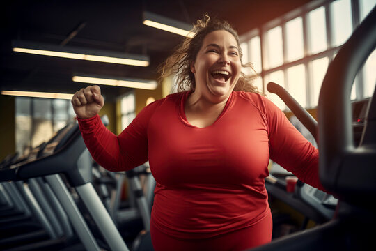 Oversize woman happy using an elliptical machine at the gym