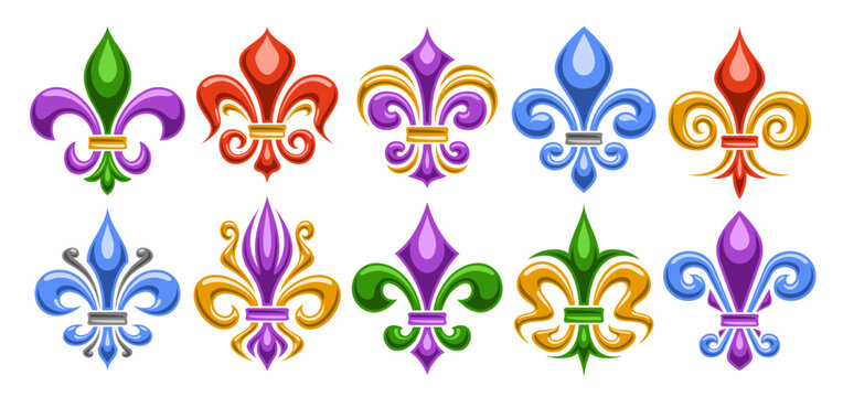 Vector Fleur de Lis set, horizontal banner with collection of 10 cut out illustrations of different colorful fleur de lis lily flowers, group of many various antique art symbols on white background