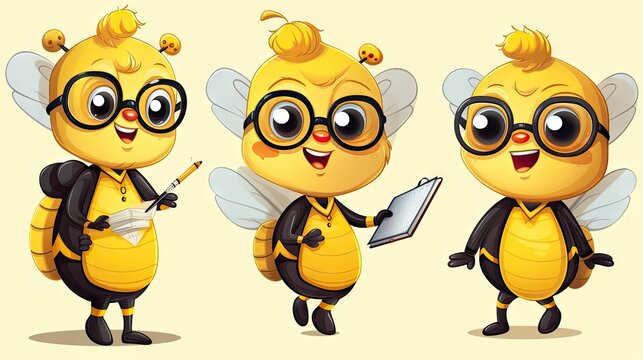 Cartoon cute bee character with glasses back to school series 