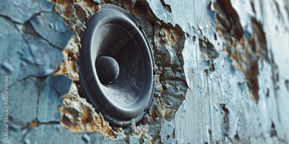 Poster a close up of a speaker mounted on a wall. suitable for various uses