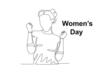 A happy woman clenched her fists in both hands. Womens day one-line drawing