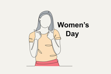 Color illustration of a woman giving an okay pose. Womens day one-line drawing