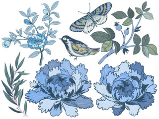 Chinoiserie birds and plants. Traditional asian eastern art with leaves Botanical elements. meadow flowers peony sakura and berries