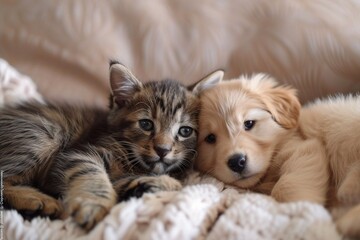 Fototapeta premium two friends, a cat and a dog, sitting together on the sofa