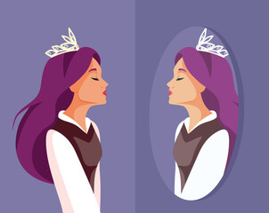 Vain Queen Looking in the Mirror Vector Character Design. Smug entitled evil princess checking her looks in a reflection 
 - obrazy, fototapety, plakaty