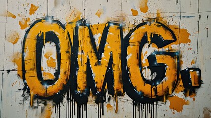black yellow street graffiti on the wall, text in yellow paint OMG. banner