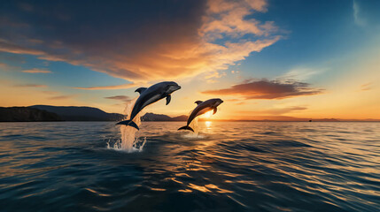夕日/朝日に照らされた海をイルカ2頭がジャンプして泳ぐ幻想的な姿