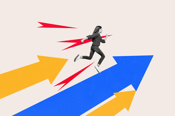 Obraz premium Creative trend collage of funny fast teen girl run fast arrows point up ukraine colors blue yellow freak bizarre unusual fantasy billboard