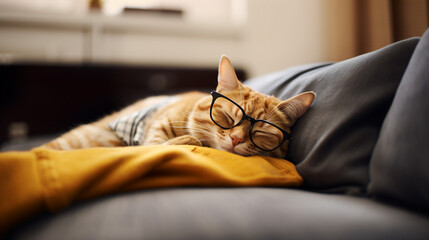 黒縁メガネをかけた茶色の縞模様の猫がソファーで寝ているかわいい写真