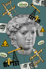 Pop art collage with antique statue head and industrial objects and dollar bill details. Surreal poster, template for concept design or cover. Alternative zine culture.