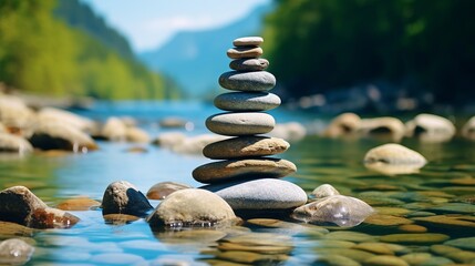 Smooth river stones stacked in a balanced formation beside a gentle stream - obrazy, fototapety, plakaty
