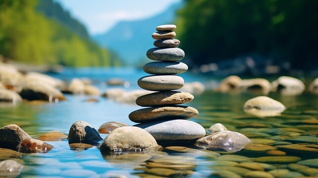 Smooth river stones stacked in a balanced formation beside a gentle stream