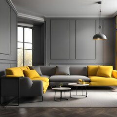 Simulation of an exclusive living room corner in gray and sunny yellow colors in a minimalist way
