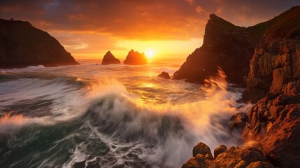 Dramatic coastal cliffs with waves crashing under a stunning sunset