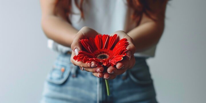 A woman holds a vibrant red flower in her hands. This image can be used to depict beauty, nature, love, or a romantic gesture
