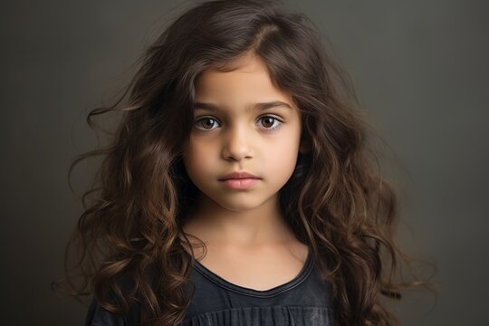 Portrait of a beautiful little girl with long curly hair on a gray background