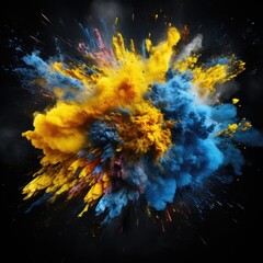An explosion of blue and yellow gunpowder on a black background, Symbolizes Ukrainian unity and hope for peace for all Ukrainians. - obrazy, fototapety, plakaty
