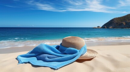 Fototapeta na wymiar blue towel with hat and summer beach