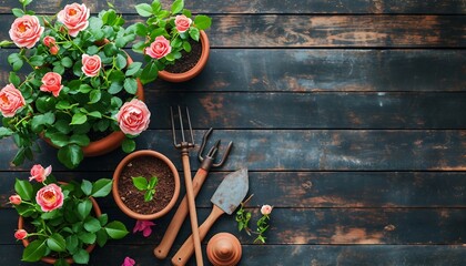 Mini Roses in ceramic flower pots and gardening tools with free space for text, Mini Roses, Gardening, Spring, Top View,  - obrazy, fototapety, plakaty