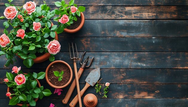 Mini Roses in ceramic flower pots and gardening tools with free space for text, Mini Roses, Gardening, Spring, Top View, 