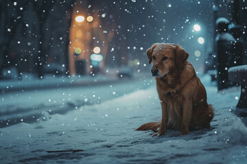 Sad abandoned hungry dog sitting alone in the street in winter