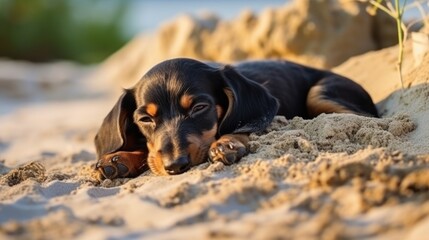 beautiful dog of dachshund, black and tan, buried in the sand at the beach sea on summer vacation