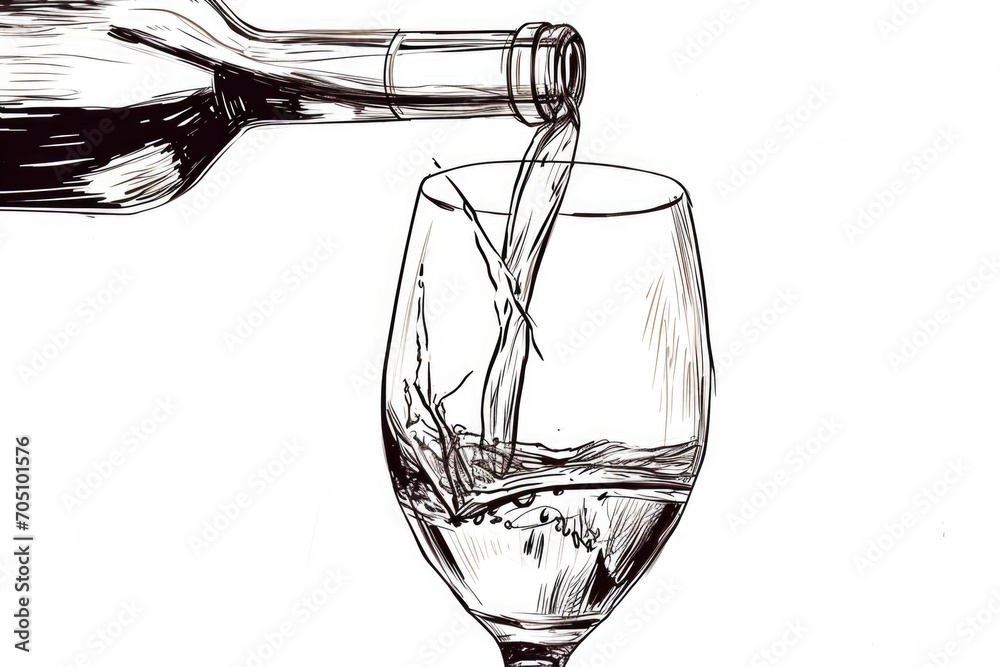 Poster a drawing of the process of pouring wine into a glass. ideal for use in wine tasting events or resta