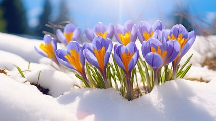 Crocuses blue blossom on a spring sunny day in the open air. Beautiful primroses against a...