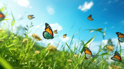On a patch of green grass, there are twelve butterflies flying, Low angle view, low angle shot, Constructivism,