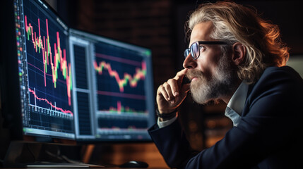 Handsome mature investor looking at an uptrend stock graph.