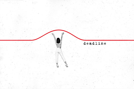 Photo illustration collage picture young girl holding workload line deadline time management overload white background