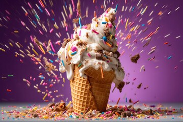 A cone filled with vanilla ice cream with sprinkles. (Generative AI)