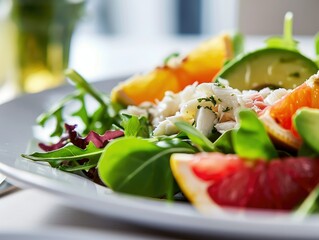 Close up fresh salad featuring lump crab meat, avocado, grapefruit, and mixed greens, tossed in a lemon vinaigrette.