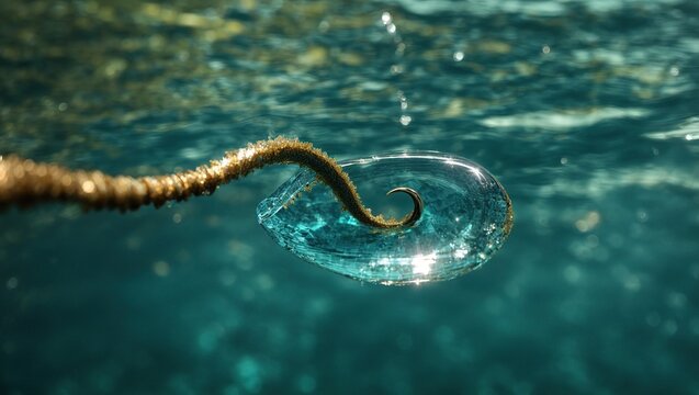 : A mesmerizing close-up shot of a fish hook glimmering under the crystal clear waters