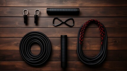 Exercise gear on dark wood: jump rope, dumbbells, expander, mat, water - top view fitness composition