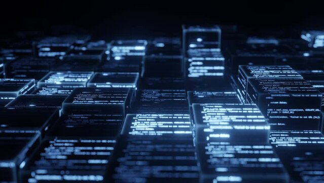 Big data cube with code inside cube, abstract technology background, waving animation.