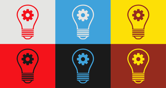 Colorful light bulb and Cog icons set in 6 colors for vibrant designs, light bulb and cog Isolated on background