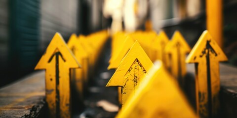 A row of yellow arrows sitting on top of a sidewalk. Can be used to represent direction, guidance, or a path - obrazy, fototapety, plakaty