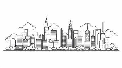 Line sketch style city panorama. Illustration of urban skyline Outline cityscape. 
