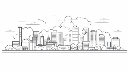 Line sketch style city panorama. Illustration of urban skyline Outline cityscape. 