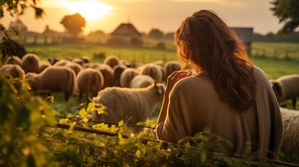 Farmer with sheeps at farm on countryside field for agriculture, sustainability and farming . Livestock, cattle feed with woman, sunset flare