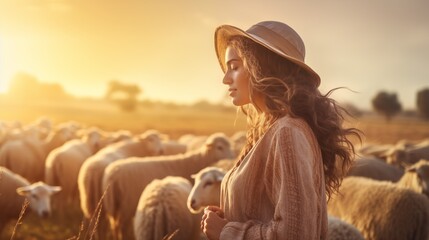 A woman farmer tends to sheep in a sunlit field, capturing the essence of sustainable agriculture, livestock care, and the dawn of a new day. Harmony of farming, sources of beef and milk  - obrazy, fototapety, plakaty