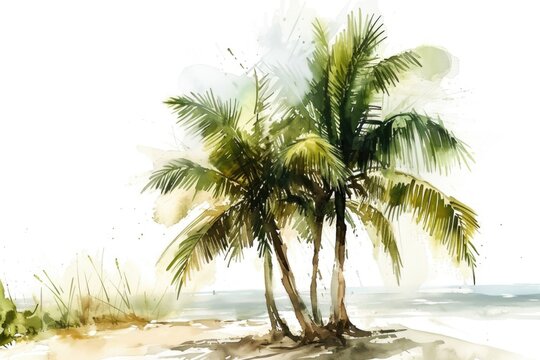 A painting of two palm trees on a beach. Perfect for beach-themed designs and tropical vacation advertisements