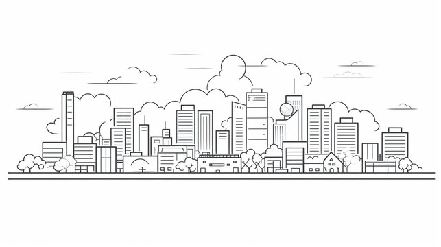 Line sketch style city panorama. Illustration of urban skyline Outline cityscape. 