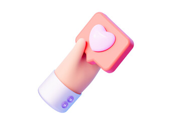 3D Illustration of a Hand Pressing a Heart-Shaped Button.  For social media. 