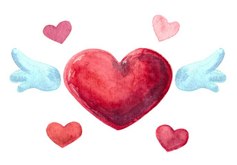 Red heart with wings surrounded by little hearts in watercolor style. For valentine's day, wedding or other holiday. Hand drawn illustration isolated on transparent background