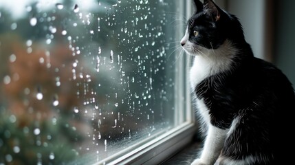 Black and White Cat Sitting on Window Sill in Simple, Clear Image