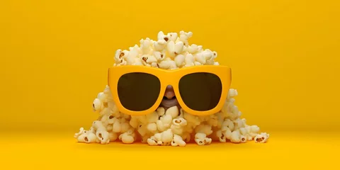 Foto op Plexiglas Photo of positive funky person eat pop corn watch movie 3d glasses isolated on yellow color background v5 © marant